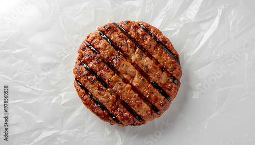 Tasty grilled hamburger on paper background, top view. Space for text