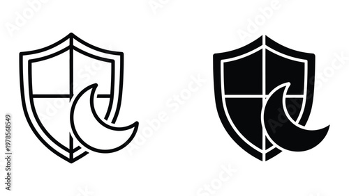Contrasting shield designs featuring crescent moons and cross patterns in black and white.