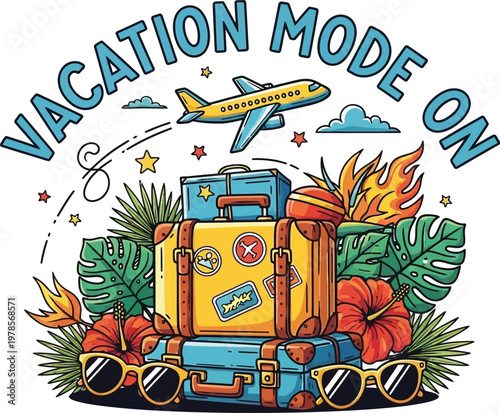 Title vacation mode on a colorful illustration of travel and relaxation description a vibrant hand drawn