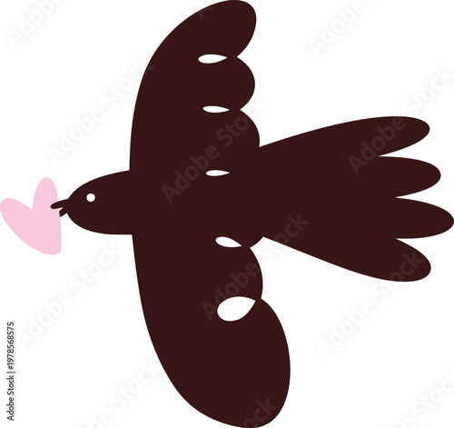 Flying bird delivering a vector pink heart, symbolising love, romance, affection, and caring message