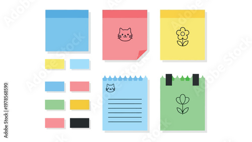 Sticky Notes' Colorful Array: A vibrant assortment of sticky notes in various shapes and hues, each adorned with playful doodles and ready to capture ideas, reminders, and creative inspiration. 
