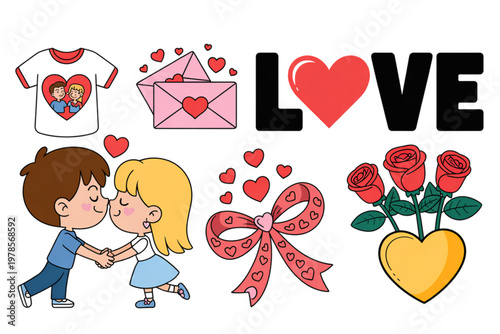 Children sharing affection with hearts and flowers in a cheerful illustration Vector