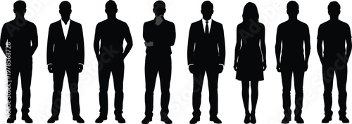 Business people silhouettes standing in a row, diverse men and woman team, professional group concept, corporate workforce illustration isolated on white background