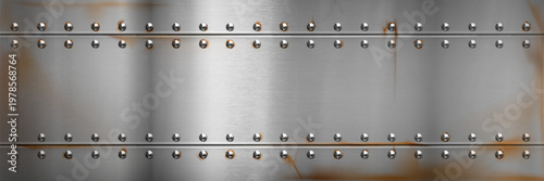 Steel metal rusty border, background with rivets and iron texture, vector illustration. Old polished silver sheet, surface panel with bolts, realistic scratches or metallic sheen, airplane wall design