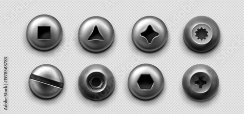 Metal screws and bolts with different head types, realistic vector illustration top view. 3d steel hardware elements, nuts and rivets with silver polish effect isolated on transparent background