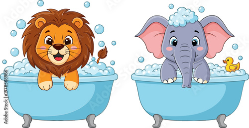 Cartoon Lion and Elephant Taking a Bath with Bubbles and Duck, Cute Vector Illustration for Kids