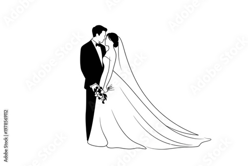 Groom and bride sharing an intimate moment on their wedding day Vector