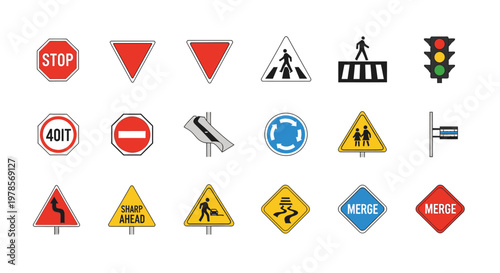 Collection of road traffic signs.