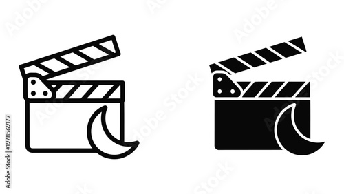 Contrast of classic and modern film clapperboard icons with a moon shape