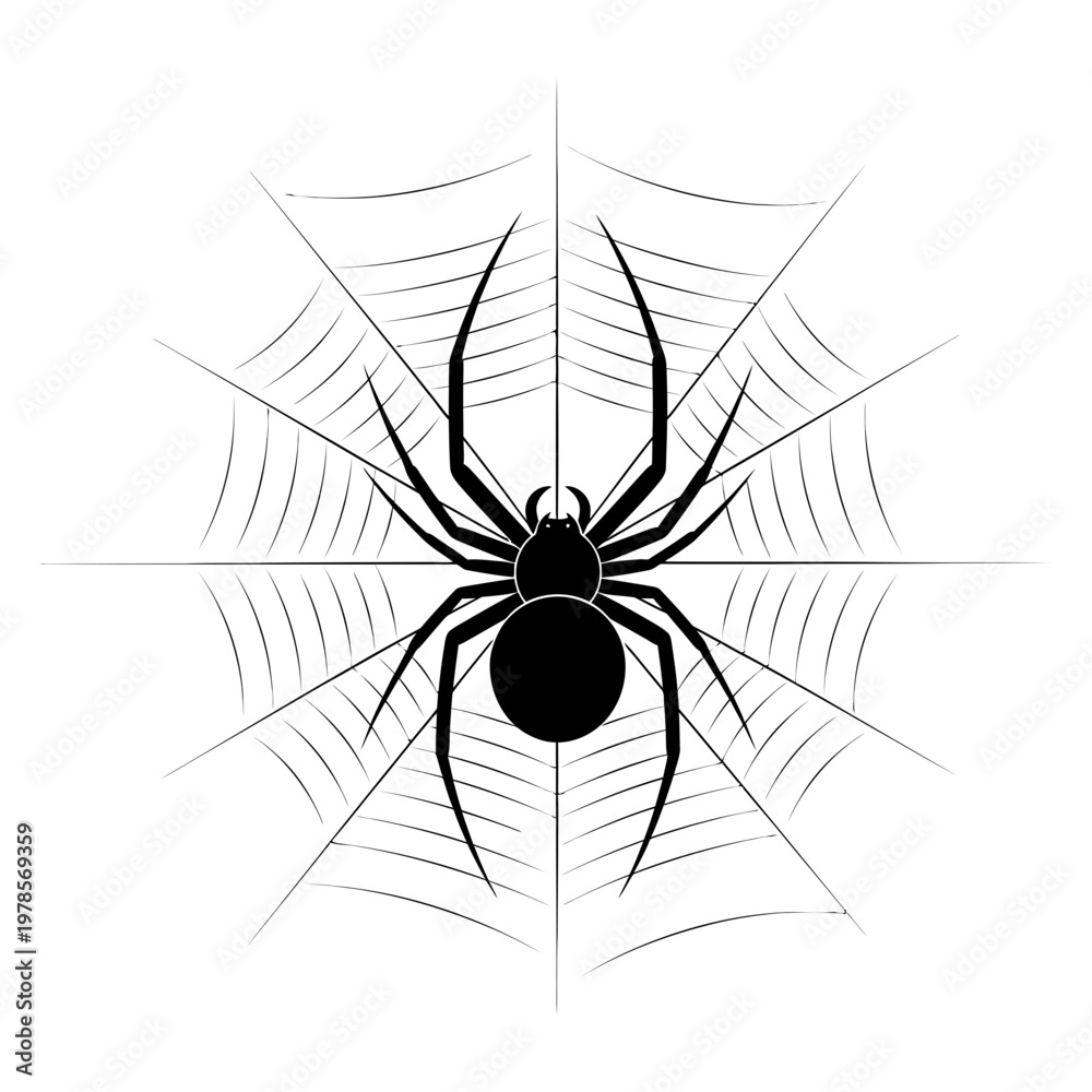 Obraz premium Black spider on web halloween spooky symbol isolated on transparent background vector.