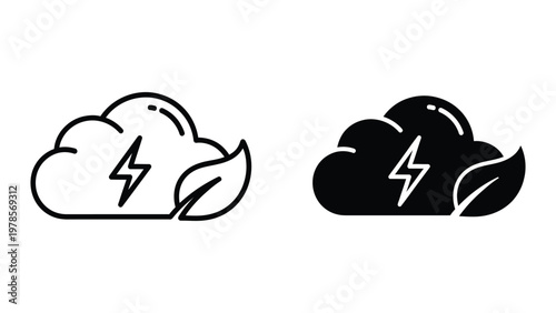 Contrast between a clear sky with lightning and a stormy cloud with lightning bolt