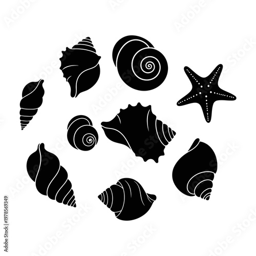 Black seashell silhouettes set with starfish vector icons collection for summer marine design.