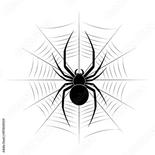 Black spider on web halloween spooky symbol isolated on transparent background vector.