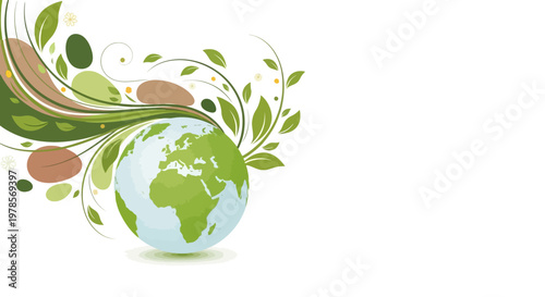 A stylized vector illustration celebrating Earth Day featuring a green globe with swirling foliage and decorative elements, set against a clean white background to emphasize