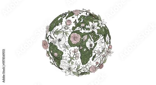 Illustrated vector of planet Earth adorned with floral elements, creating an Earth Day celebration design against a clean white background, presented in a detailed, decorative style