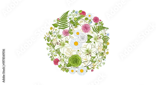A floral Earth Day background illustration displays a celebration of nature with a variety of plants, flowers, and greenery arranged in a circular vector frame, set against a clean white