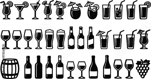 A collection of various black and white vector illustrations of alcoholic beverages and glasses with umbrellas and straws for menus or advertising
