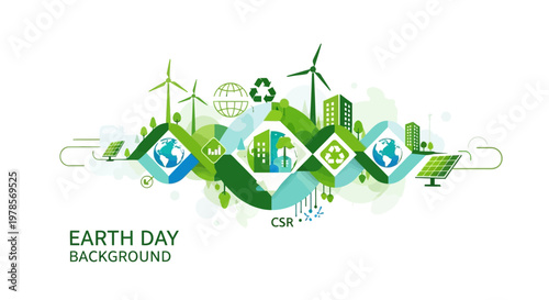 A vivid Earth Day vector illustration showcases green energy designs with wind turbines and solar panels, set against a clean white background, promoting environmental awareness