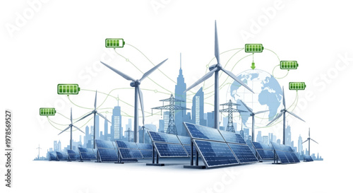 Illustrated for Earth Day, a vector art composition showcases wind turbines, solar panels, and a transparent globe integrated into a cityscape against a clean white backdrop