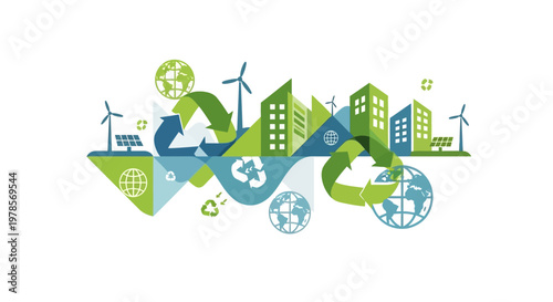 Conceptual vector art for Earth Day showcases a vibrant green and blue illustration of sustainable energy alongside urban buildings, recycling symbols, and globes, set against a clean white