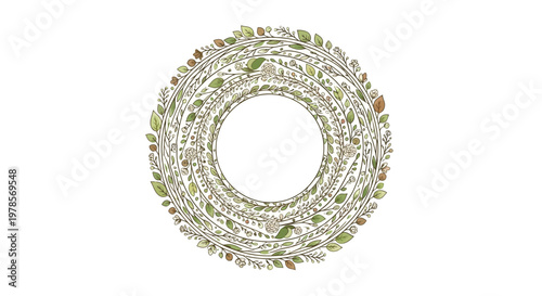 Stylized Earth Day vector background featuring a circular plant frame design, with green and beige tones evoking a natural celebration, set against a clean white background to emphasize