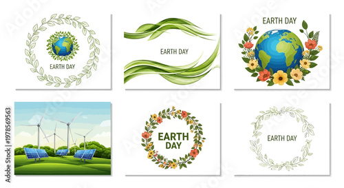 A set of Earth Day themed vector illustrations featuring the Earth globe, lush green plants, and symbolic icons, presented in a flat, graphic style with a celebratory and environmental