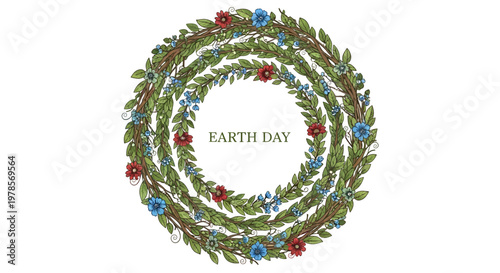 Overhead vector illustration of an Earth Day celebration wreath composed of green leaves, blue and red flowers on a white background, creating a nature-inspired frame with a celebratory