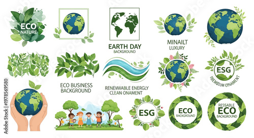 A vibrant vector illustration showcases various Earth Day designs, featuring globes encircled by green foliage and eco symbols, set against a clean white background with a celebratory mood