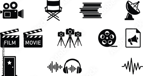 Vector graphic illustration of film and movie production icons and symbols used in the industry for various creative and technical purposes effectively