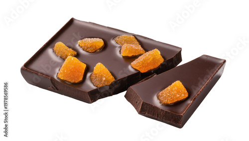Dark chocolate bar with candied orange pieces, isolated on transparent background