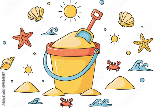 Cute beach sand bucket and shovel with seashells starfish waves and crabs summer vacation seaside elements playful flat vector illustration