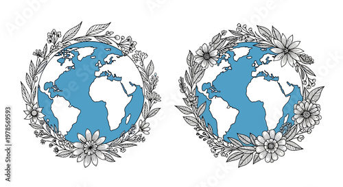 Illustrated earth day design featuring two globes surrounded by a floral frame of leaves and flowers on a white background, symbolizing a celebration of nature and environmental awareness