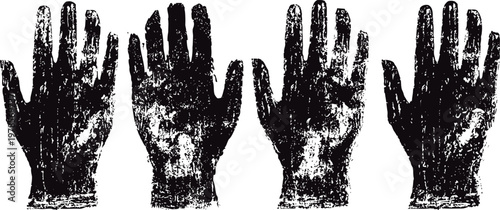 four textured black vintage gloves arranged in a row with different hand orientations