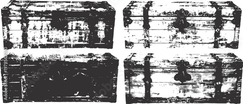 vintage wooden trunks collection with metal details isolated on white background