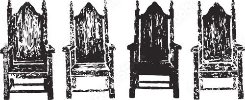 Set of four detailed medieval wooden throne chairs in black and white vintage