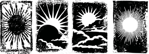 set of four vintage sun illustrations with different rays and cloud details in black and white