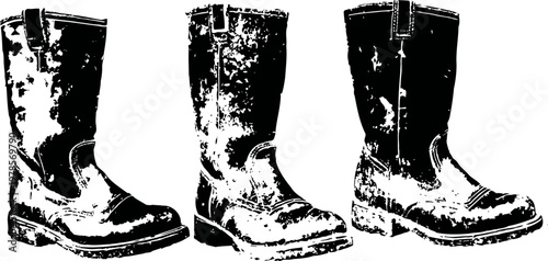 Vintage worn leather boots set collection of rustic old weathered footwear for work or fashion