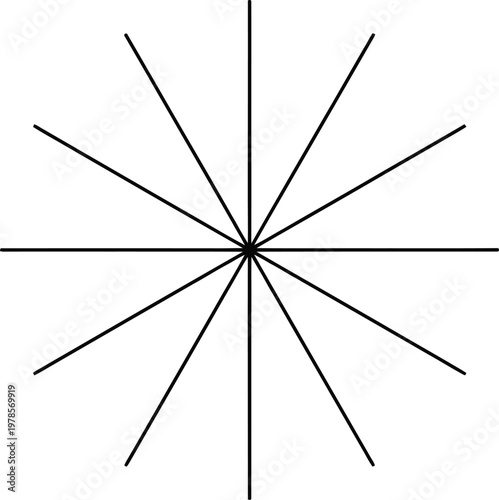Vector graphic illustration of a radial line design with solid and dashed lines emanating from a central point in a symmetrical pattern
