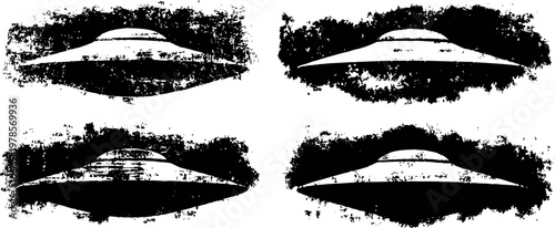 Vintage ufo flying saucer illustrations with grunge textured background, alien spaceship designs