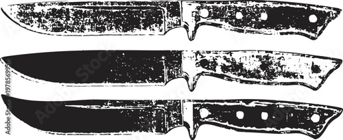 Three rustic vintage hunting knives with wooden handles and fixed blades