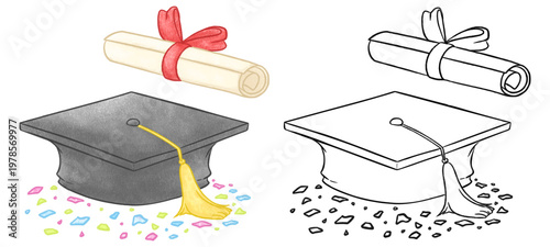 Graduation hat and graduation certificate painted in charcoal pencil style; Graduation hat and graduation certificate outline