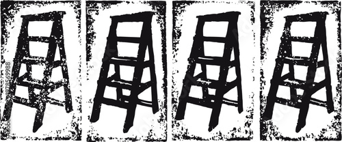 wooden stepladder isolated on white with textured black outline and vintage effect