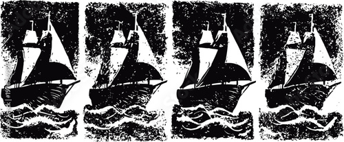 sailing ship silhouette with sails, waves, and textured grunge background