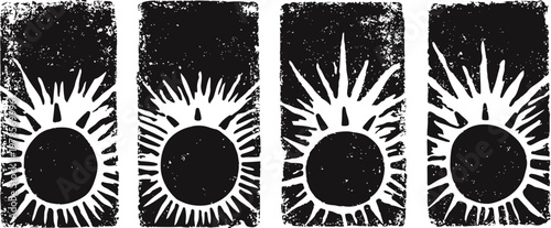 four black and white tarot cards with sun symbols and rays in distressed vintage