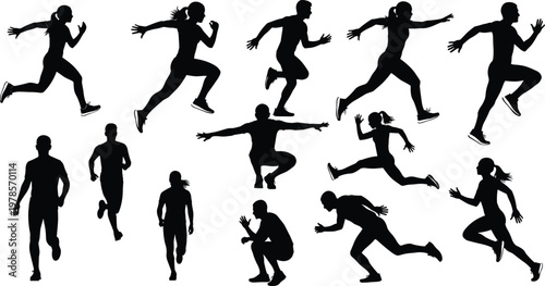 Minimalist black silhouette collection of athletes in dynamic running, jumping, crouching, and sprinting poses showcasing sports motion, fitness training, and human movement illustration