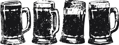 Four black and white beer mugs in a row with handles and frothy tops, vintage illustration