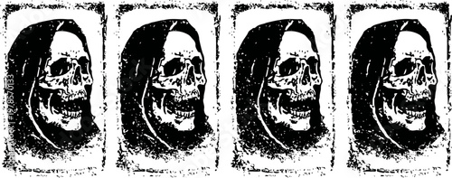 vintage black and white skull hooded figure repeated grunge texture background design