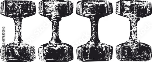 Set of four black vintage dumbbells arranged in a row isolated on white background