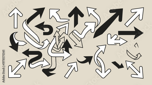 A vector graphic illustration of various black and white arrows pointing in different directions on a beige background in a chaotic design