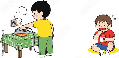 Child Touching Hot Iron and Feeling Sick for Child Safety, Home Hazard Awareness, and Parenting Illustrations